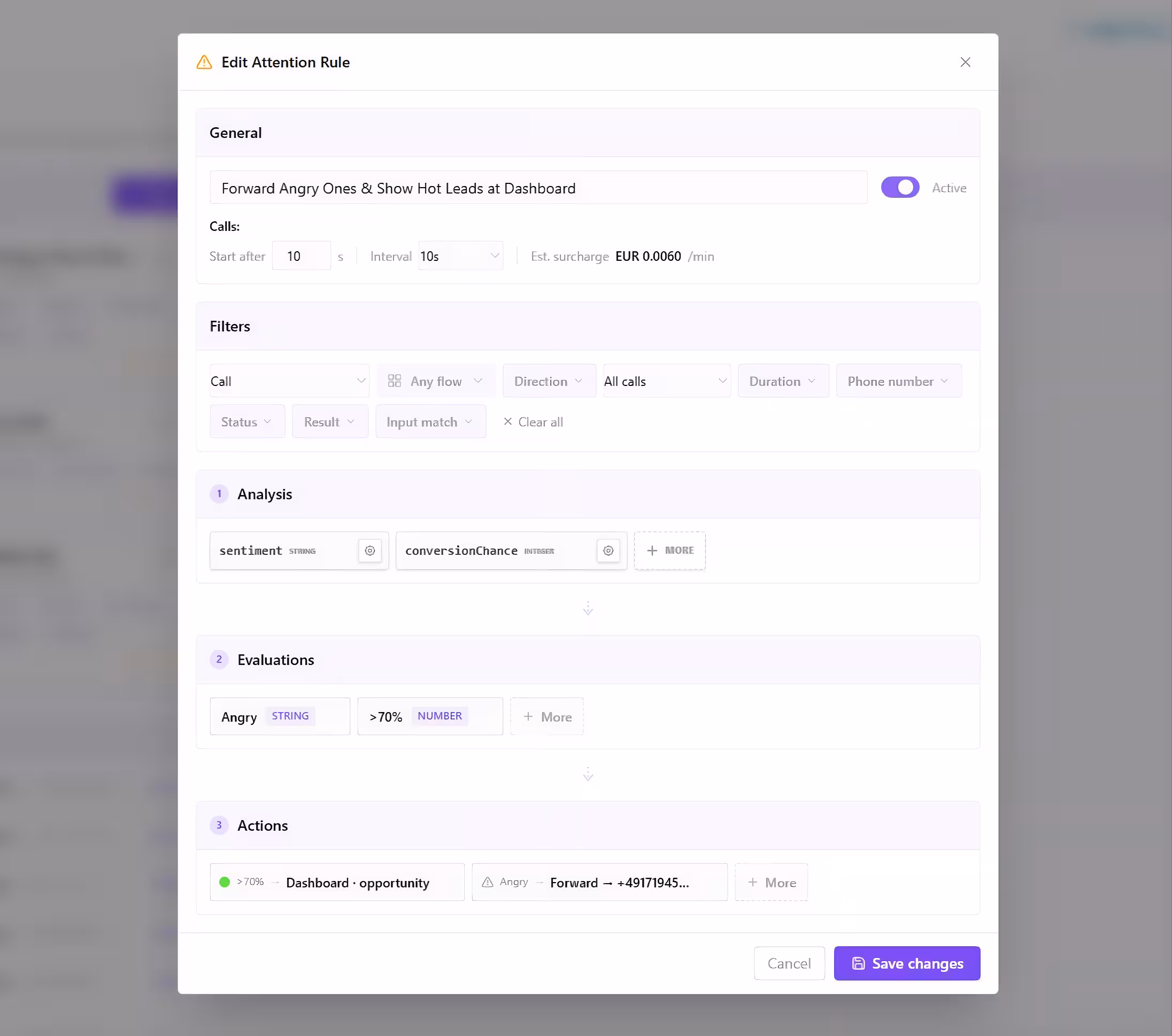 Kilevel Attention rules evaluating live conversations and raising flagged sessions on a dashboard
