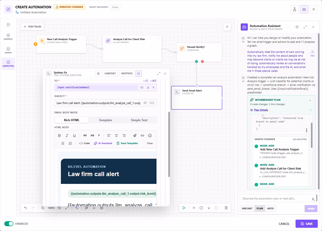 Kilevel automation canvas with the Automation Assistant proposing a call-analysis graph