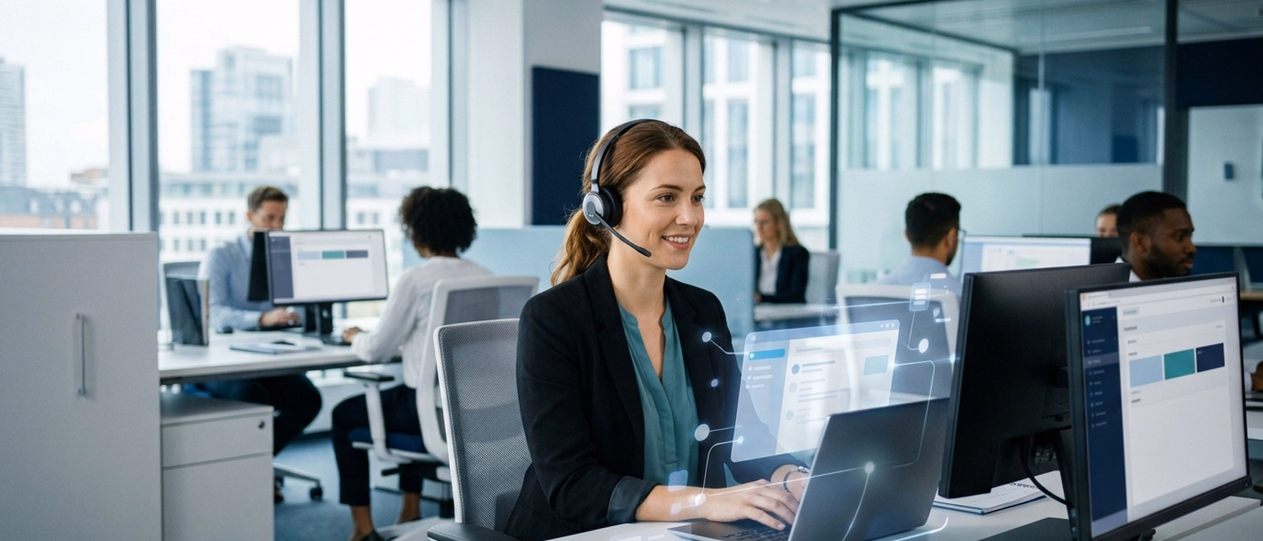 Modernes Contact-Center-Umfeld, in dem Kundenberater und KI-Copiloten in Echtzeit nahtlos zusammenarbeiten.