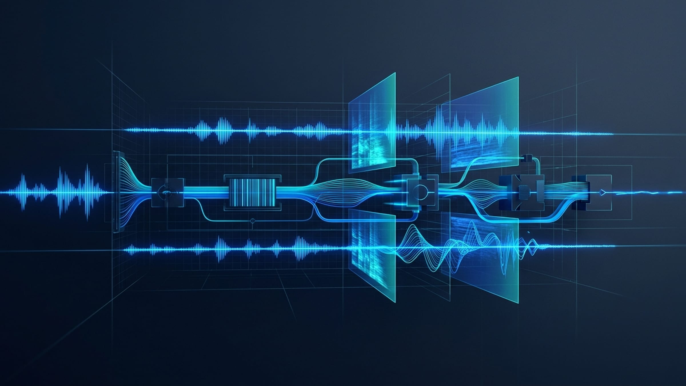 An abstract technical 3D visualization of audio latency and streaming voice pipeline stages with overlapping waveform ribbons.