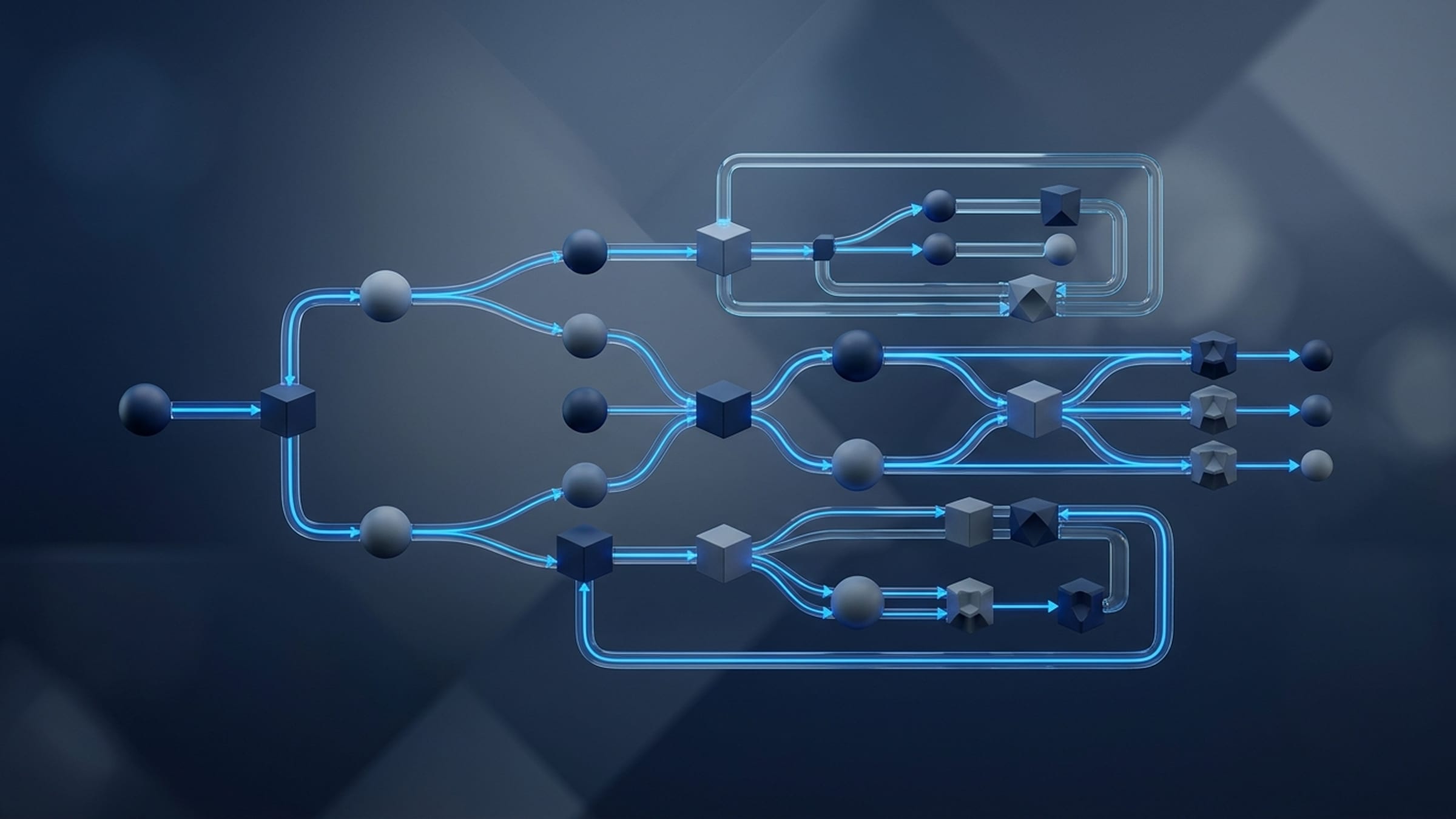 An abstract technical 3D visualization of a conversation state graph with interconnected decision nodes and branching flows in navy and blue.