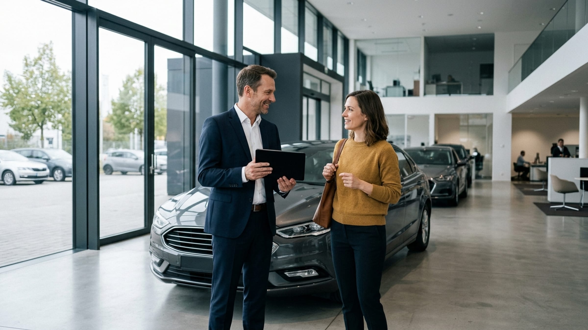 A car showroom: a salesperson talking with a customer beside a vehicle, tablet in hand.